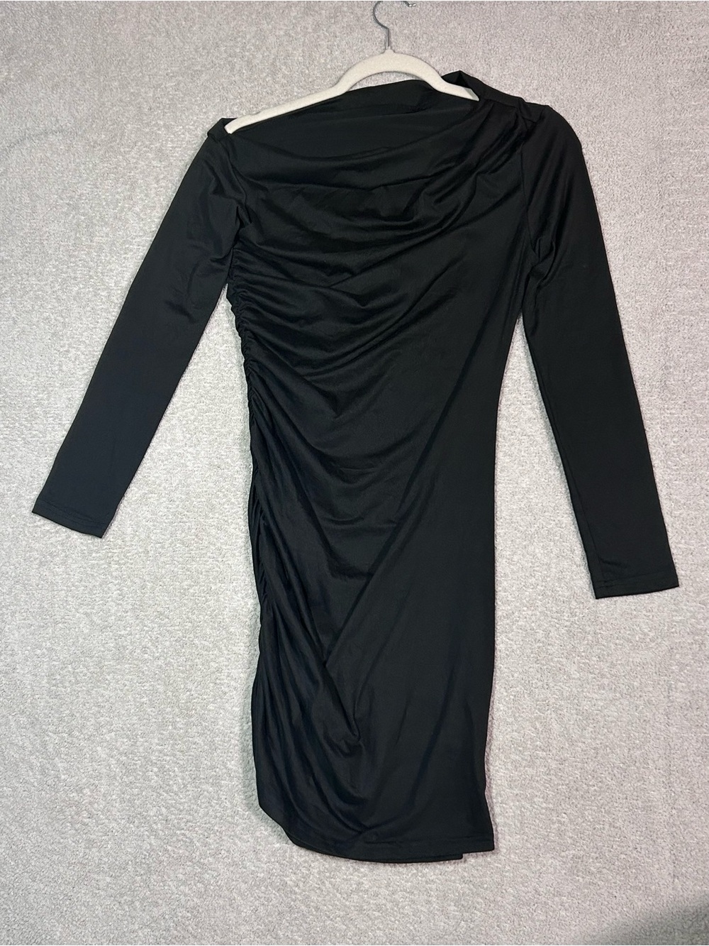 Black Ruched Mini Dress with Draped Neckline